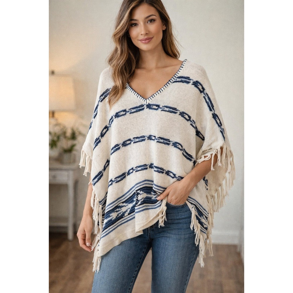 Chaps Poncho Knit Womens‎ XL Cream Blue Stripe Fringe Cotton Linen Boho Coastal